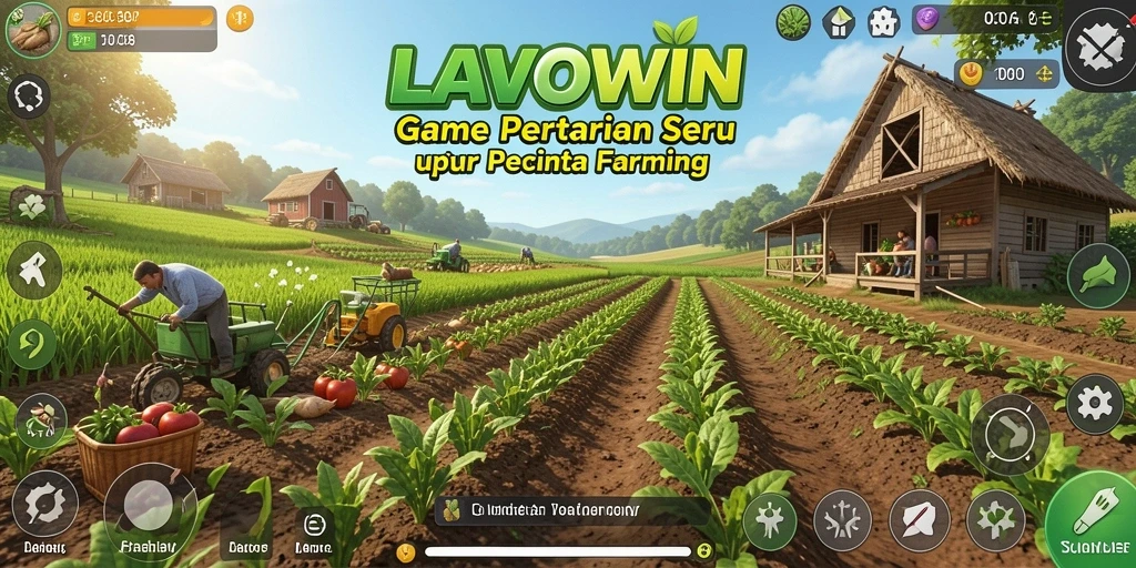 Tampilan gameplay LAVOWIN dengan aktivitas bertani yang menarik.