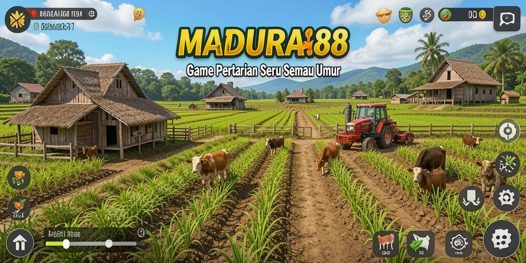 Screenshot MADURA88 menunjukkan tampilan ladang yang subur dan tanaman yang bisa dipanen.