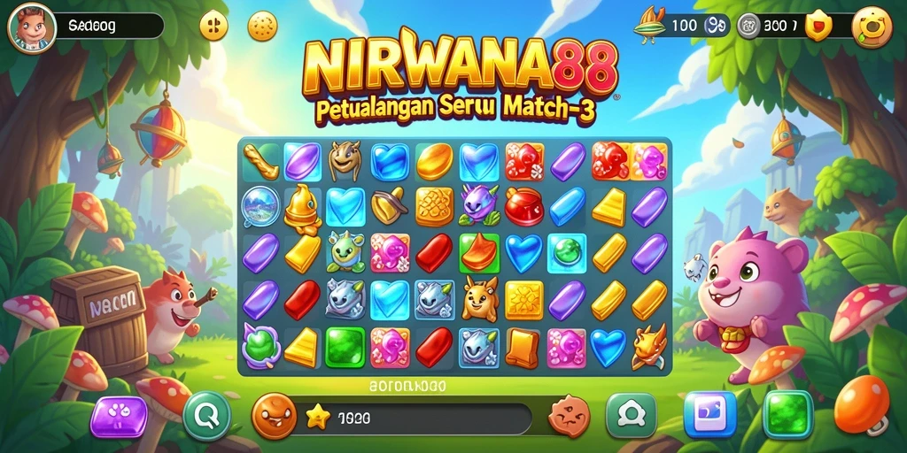 Tampilan gameplay seru dalam game Match-3 NIRWANA88.