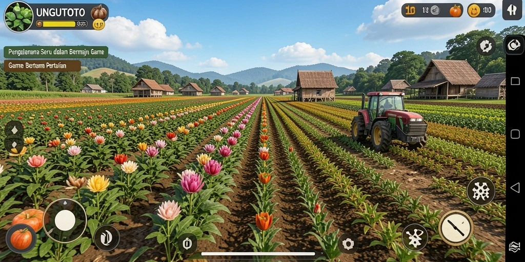 Screenshot gameplay menunjukkan lahan pertanian yang subur dan tanaman yang siap dipanen.