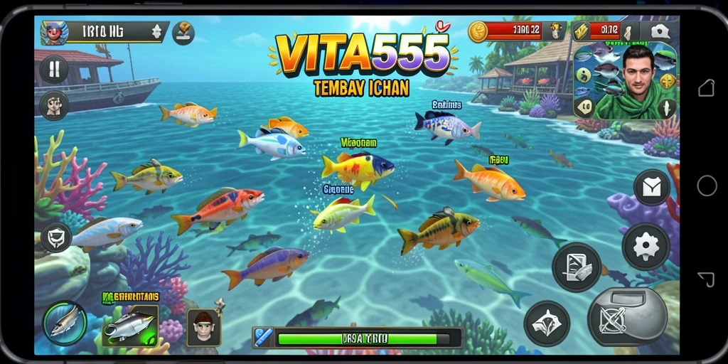 Tangkapan layar gameplay VITA555 yang menarik saat menembak ikan.